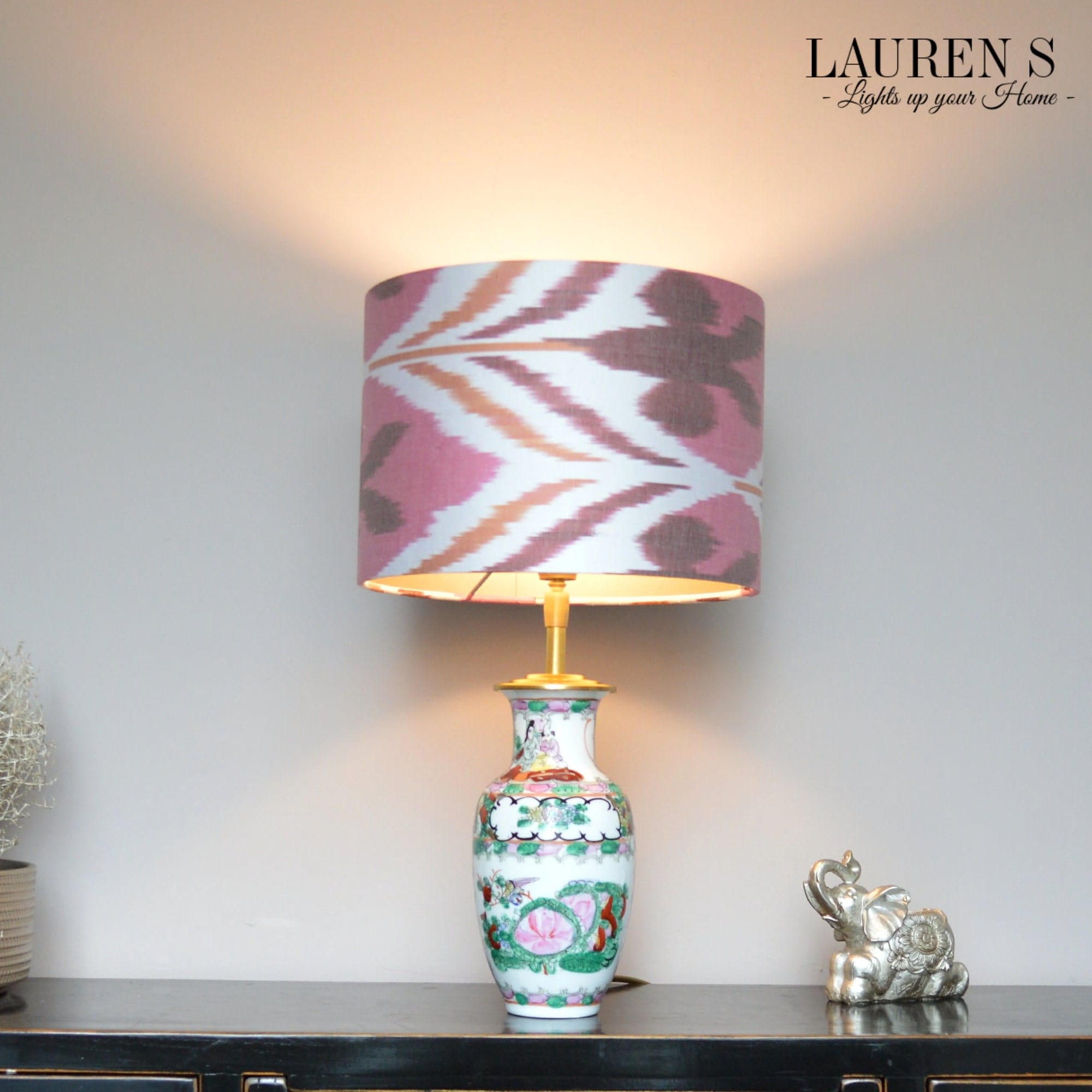 Lampenkap Oranje Roze Berry Ikat Ronde Stoffen met gouden binnenkant | Lauren S