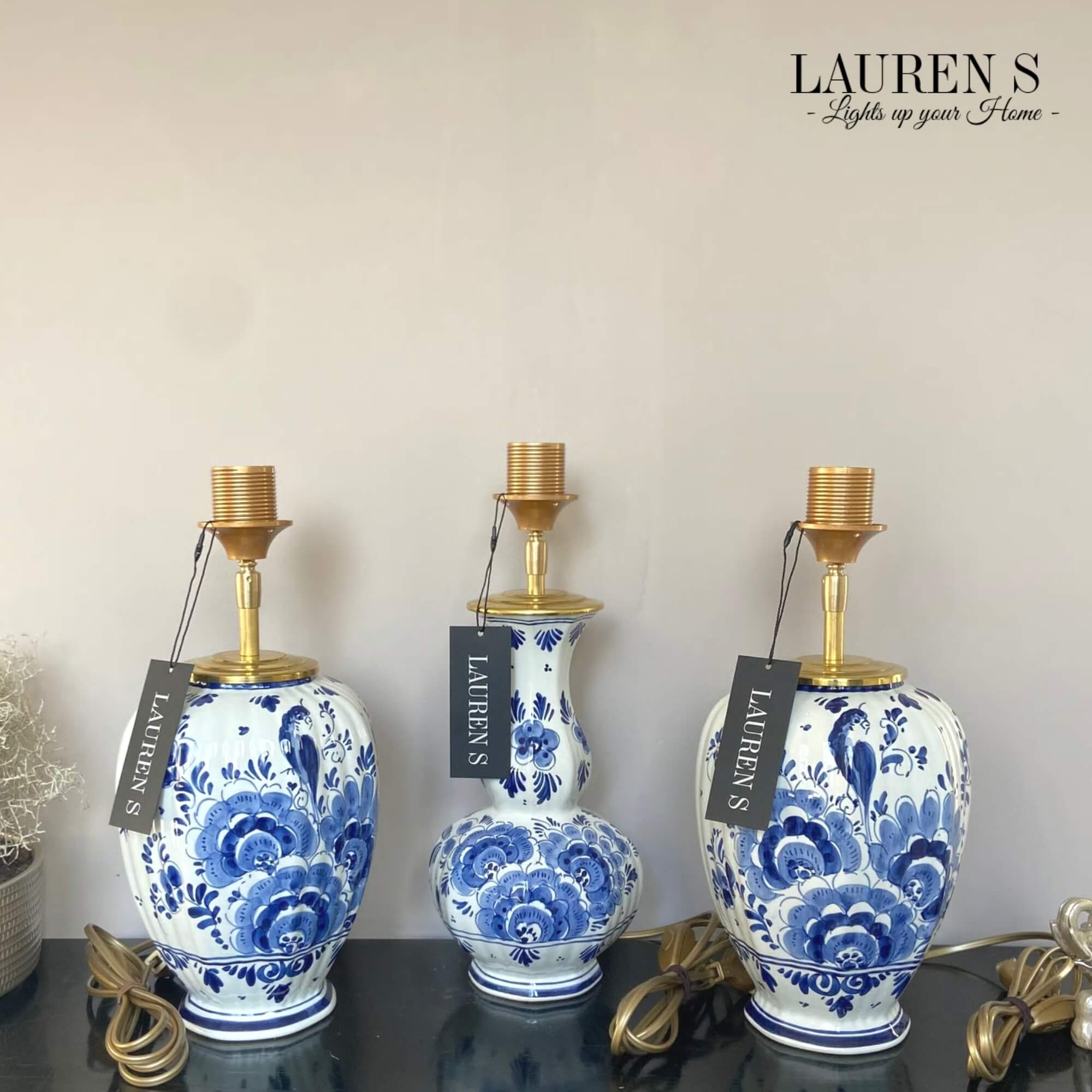 Tafellamp Delftsblauwe Lamp Bloemen handbeschilderd Blauw - Wit Design - Afbeelding 4