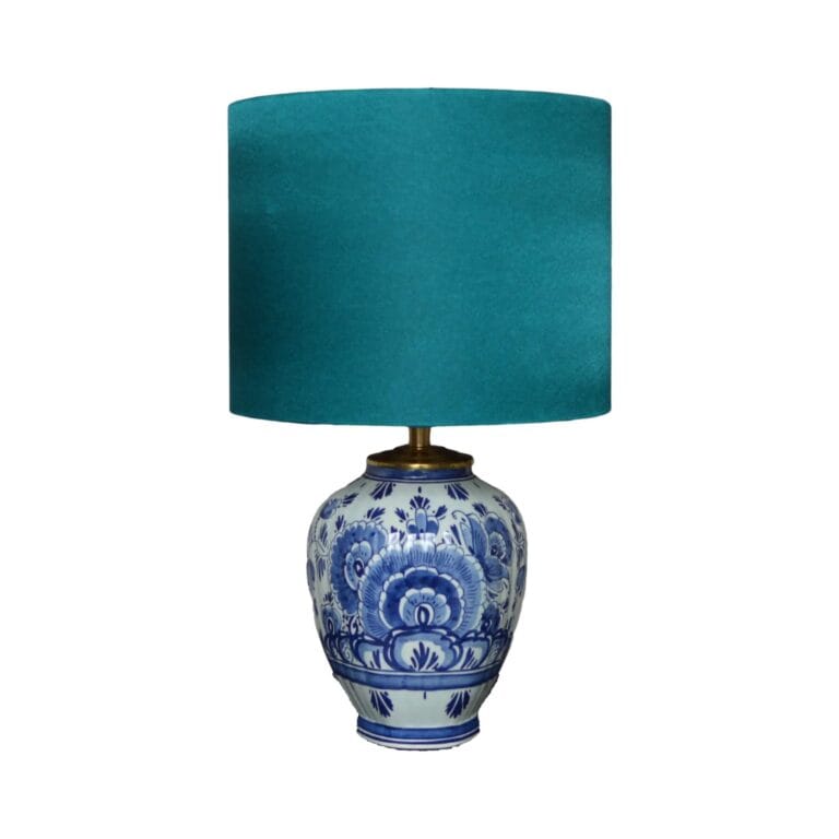 Blauwe Keramische Tafellamp Met Witte Stoffen Kap - 42cm Hoog, E14 Fitting, Tussensnoerschakelaar