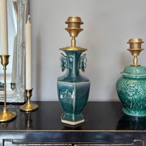 Lampenvoet Keramiek Groen Petrol Tafellamp teal blauw flambé glazuur Oosterse stijl lamp in Vintage decor Eclectisch Interieur | Lauren S