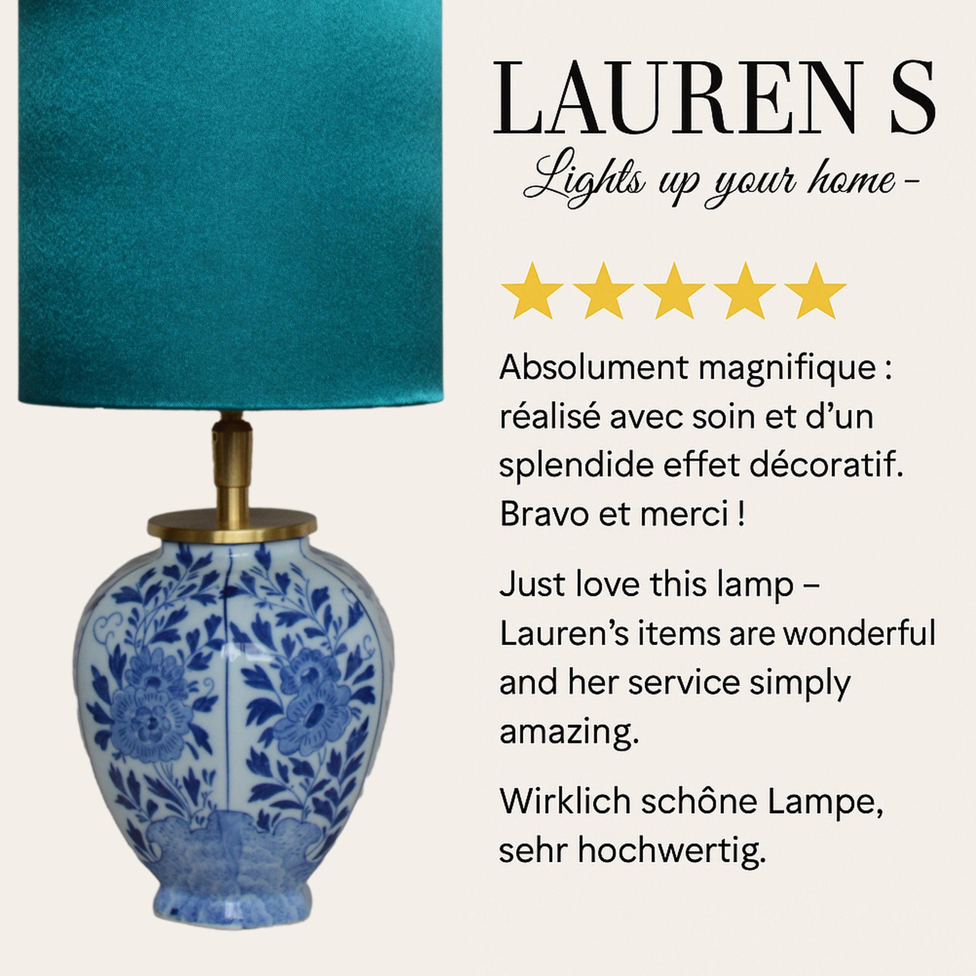 Tafellamp Delftsblauw Emerald lampenkap, blauw wit keramiek lampje voor bijzettafel of klassieke slaapkamer verlichting in Petrol | Lauren S