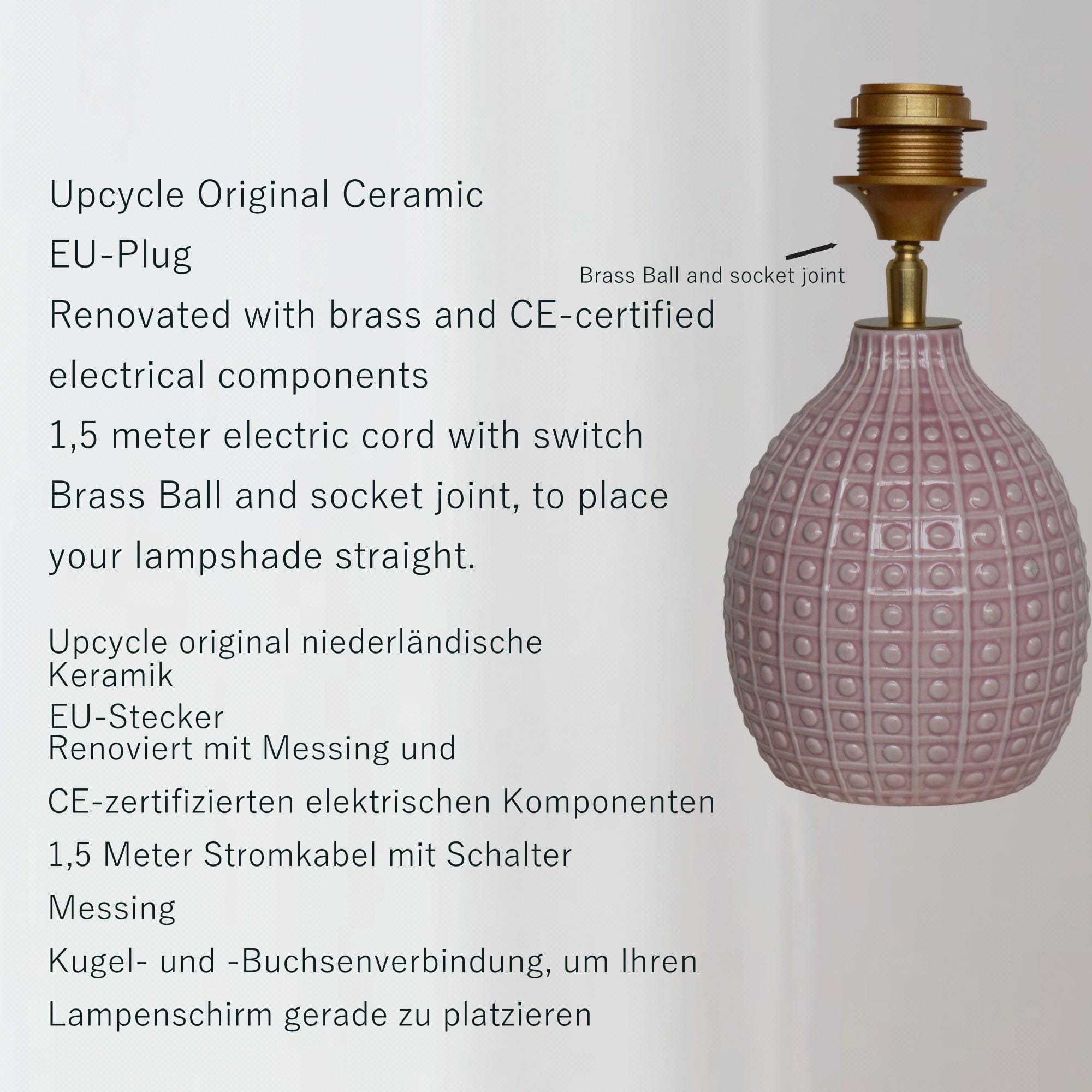 Lampenvoet roze keramiek met messing, slaapkamer, hal of woonkamer lamp voor modern, eclectisch of verfijnd interieur | Lauren S Verlichting