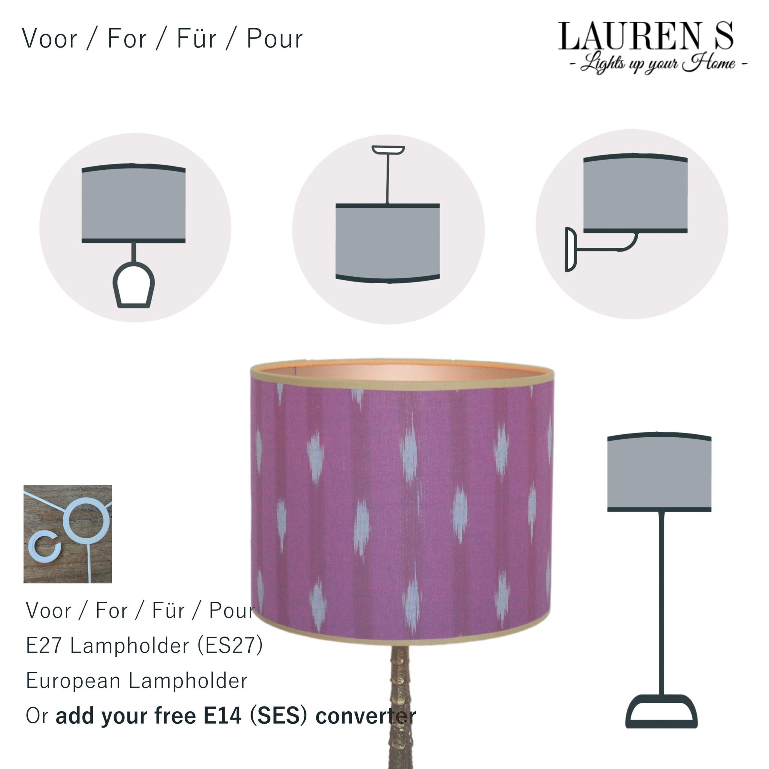 Lampenkap Paars donkerrood Ikat met Gouden binnenkant, Handgemaakt op maat met Mosterd gouden bies voor Woonkamer of Slaapkamer | Lauren S