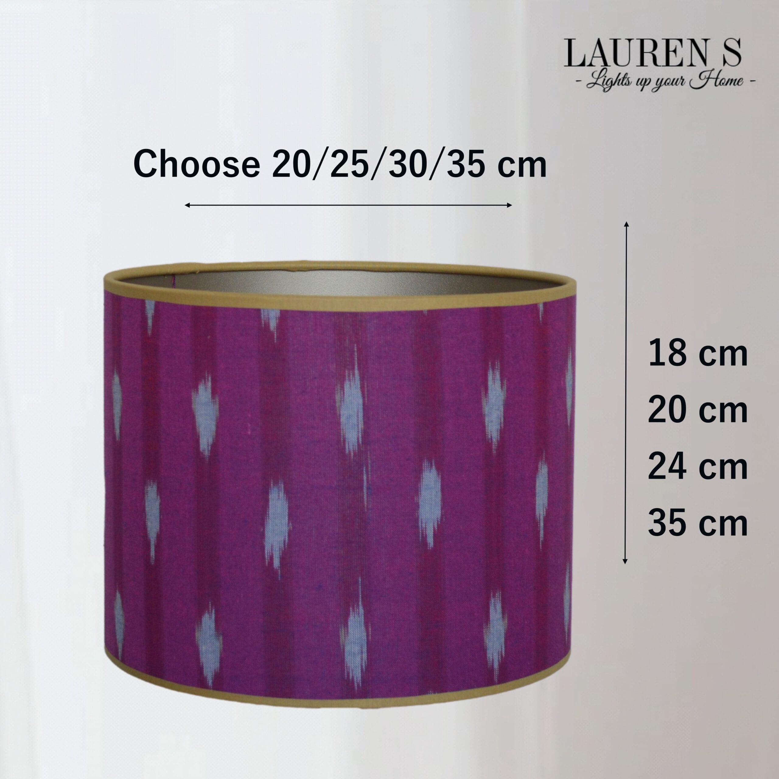 Lampenkap Paars donkerrood Ikat met Gouden binnenkant, Handgemaakt op maat met Mosterd gouden bies voor Woonkamer of Slaapkamer | Lauren S