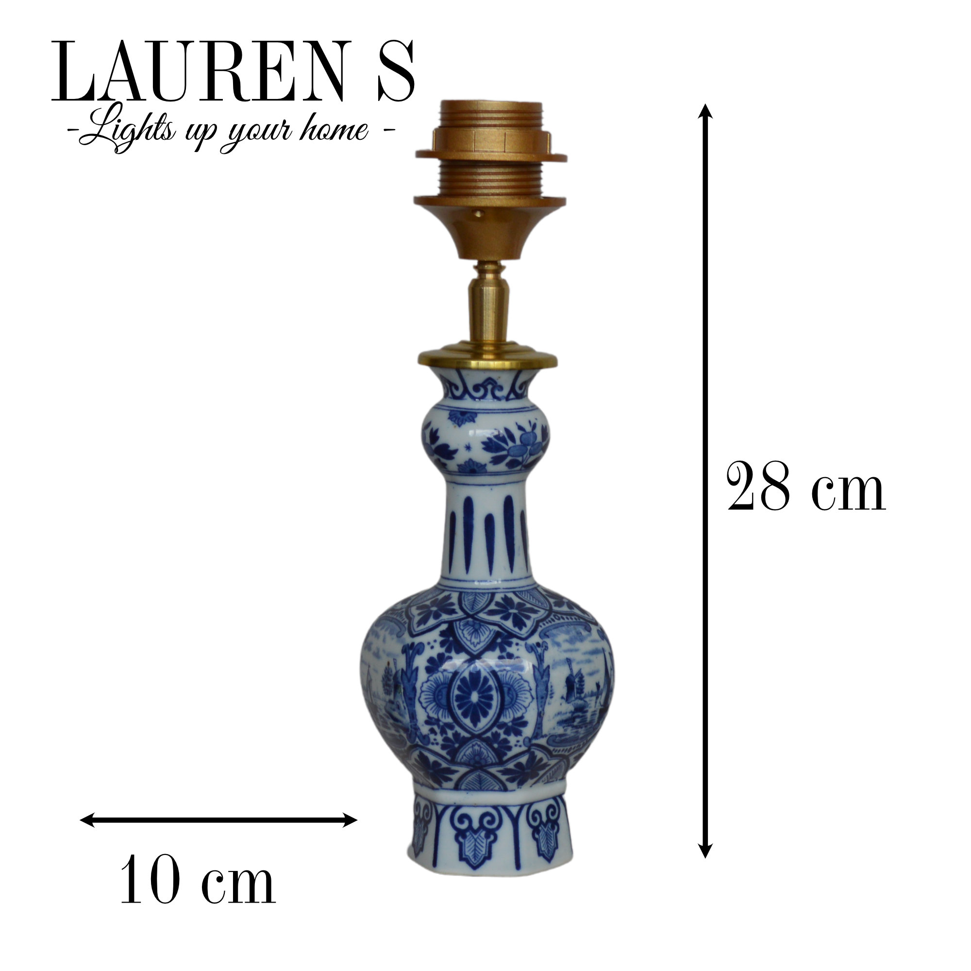 art nouveau delftsblauwe lampenvoet met messing afwerking