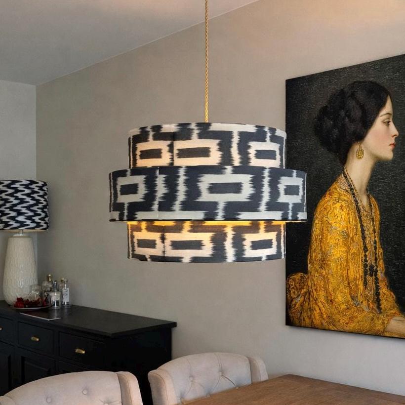 Trio Lampenkap vloerlamp of hanglamp Zwart Wit Ikat, Luxe Esthetisch Design 50cm Handgemaakt met Gouden Binnenkant | Lauren S