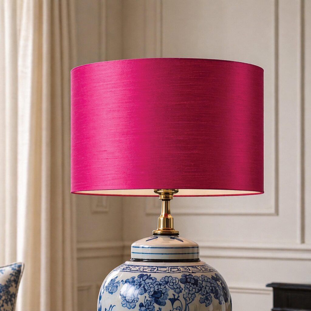Lampenkap Roze Zijde rond fuchsia met gouden binnenkant handgemaakt op maat voor slaapkamer of woonkamer decor | Lauren S Verlichting