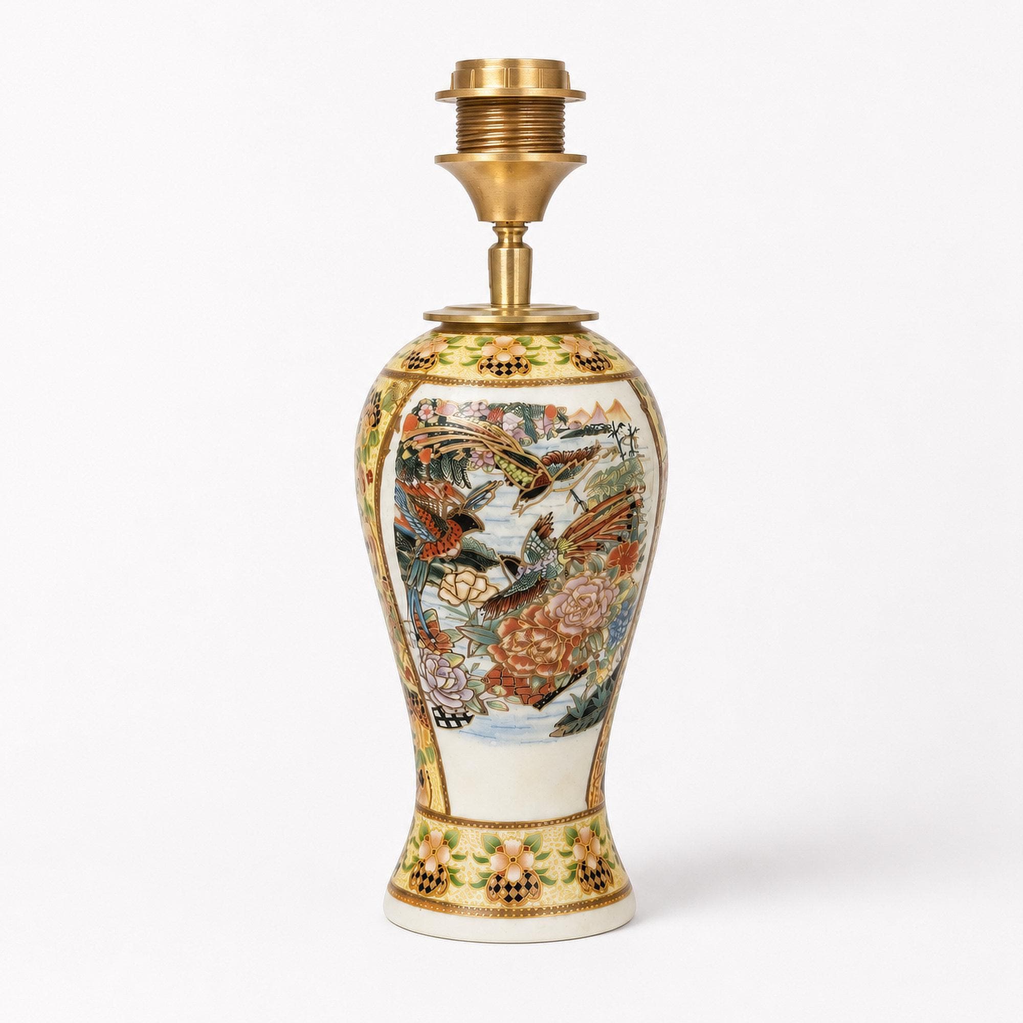 Lampenvoet oker geel Chinoiserie, Oosterse Tafellamp handgemaakte eclectische verlichting, Lamp porselein met messing Luxe woondecoratie