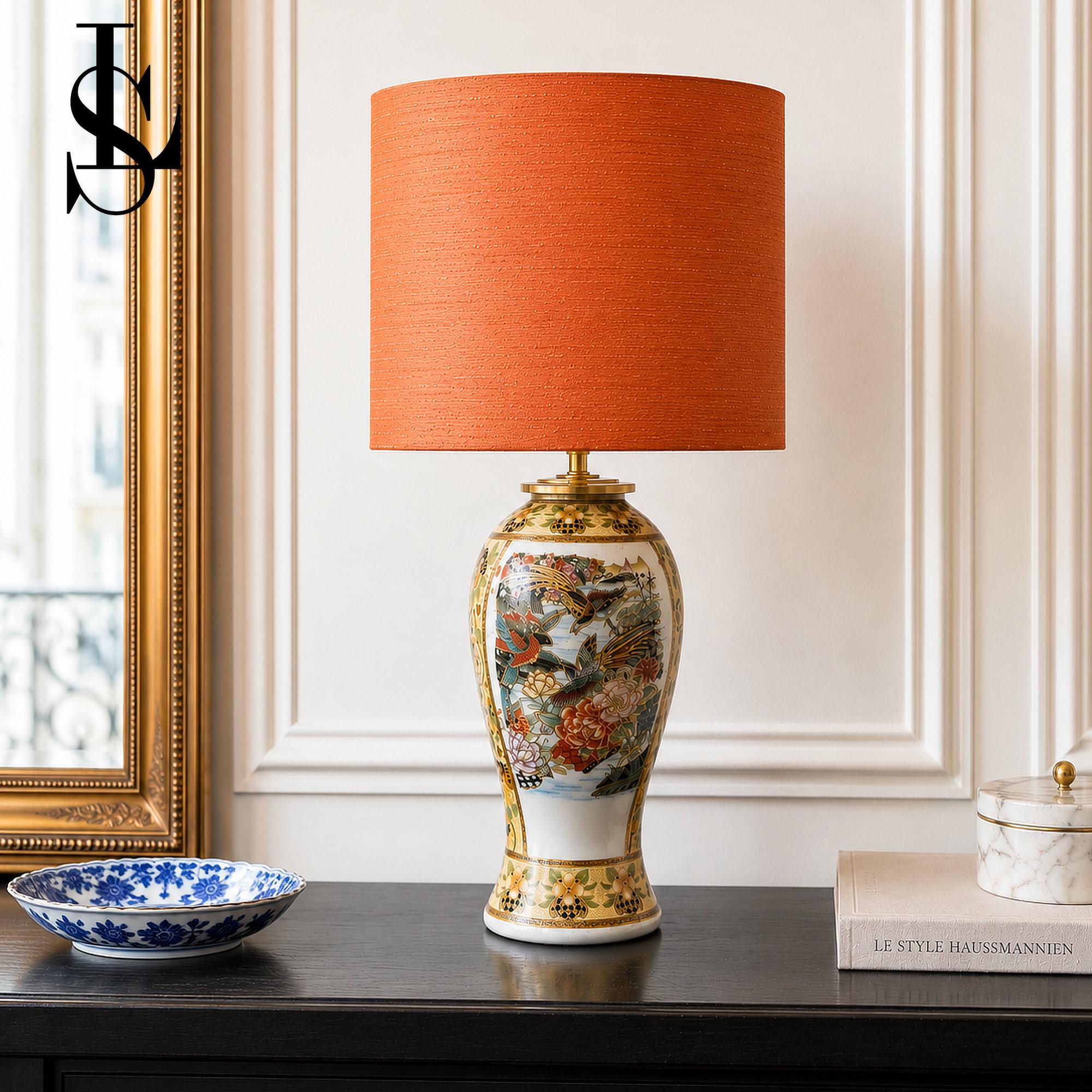 Lampenvoet oker geel Chinoiserie, Oosterse Tafellamp handgemaakte eclectische verlichting, Lamp porselein met messing Luxe woondecoratie